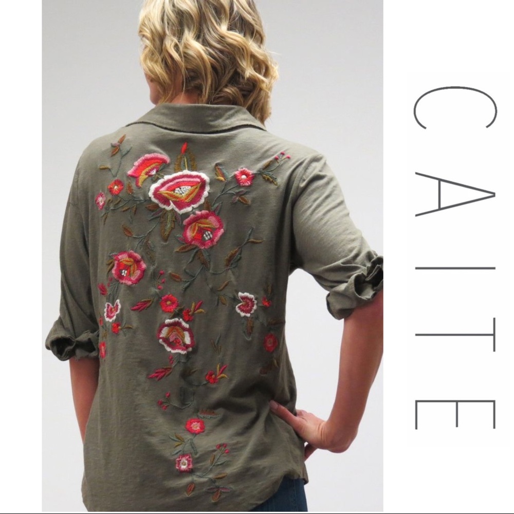 caite NWT Monroe embroidered floral button up shirt size  small 100% cotton